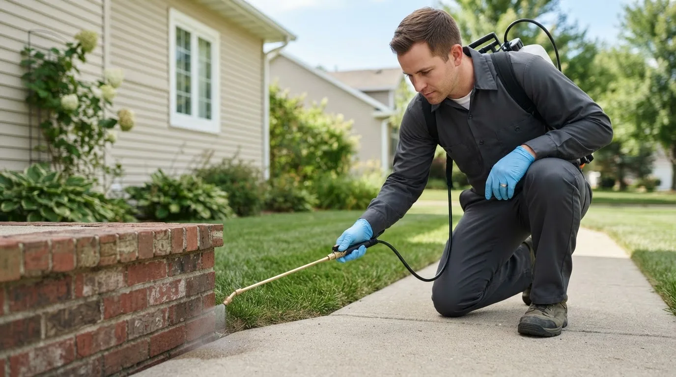 Pest control technician treating a home near Plato, MO