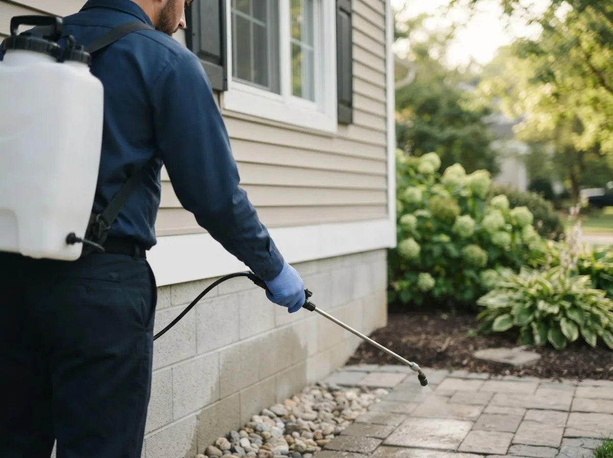 Pest control technician inspecting a home in Plato, MO